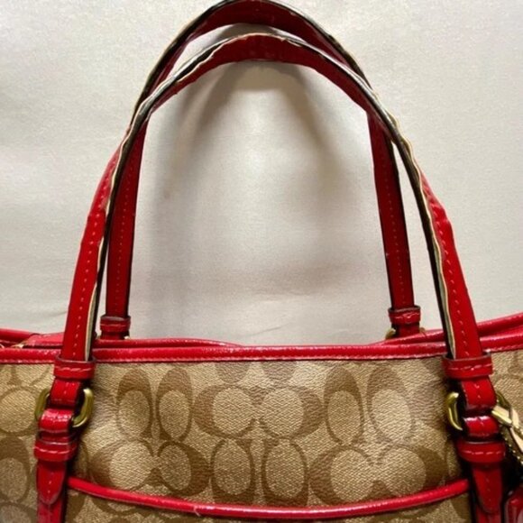 Coach Peyton Signature Large Pocket Tote Khaki Red Trim Rare F25504 Worn Handles - Picture 3 of 15